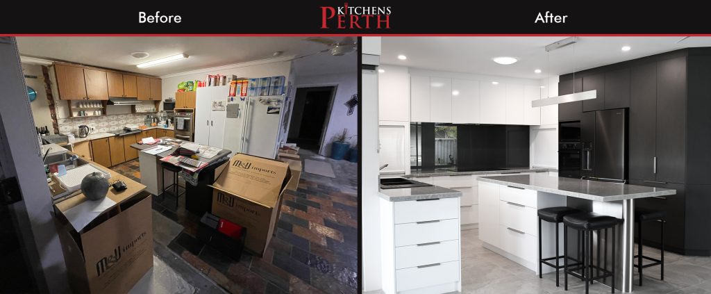 Before and after featuring a modern kitchen design by kitchens Perth